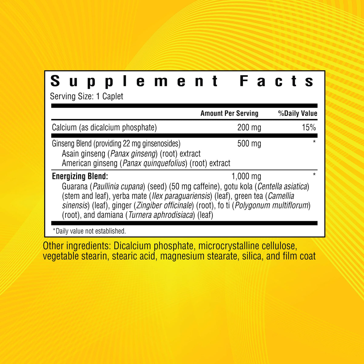 Windmill Hi-EnerG 500mg ginseng supplement nutrition facts label