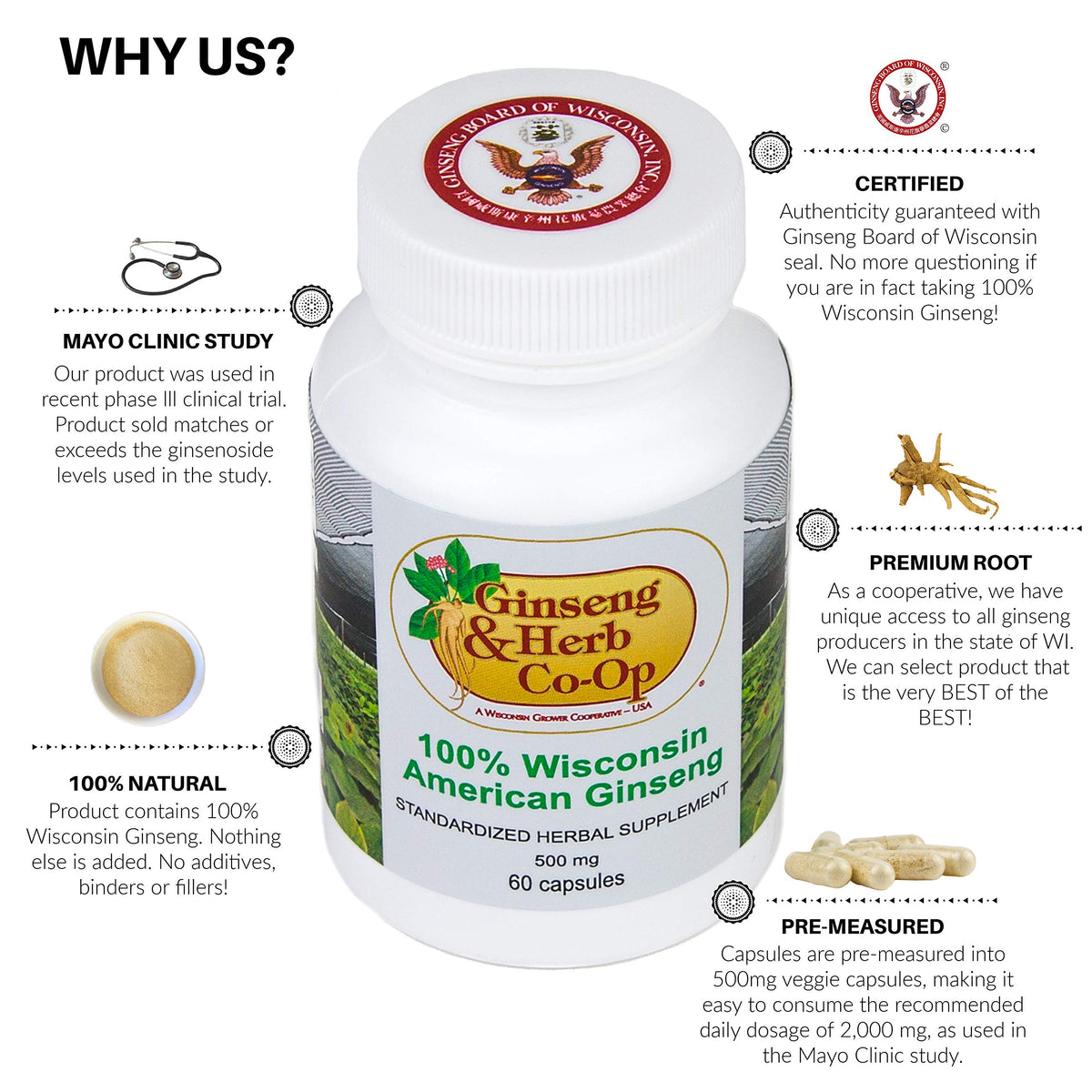 Close up of Wisconsin American Ginseng supplement bottle label