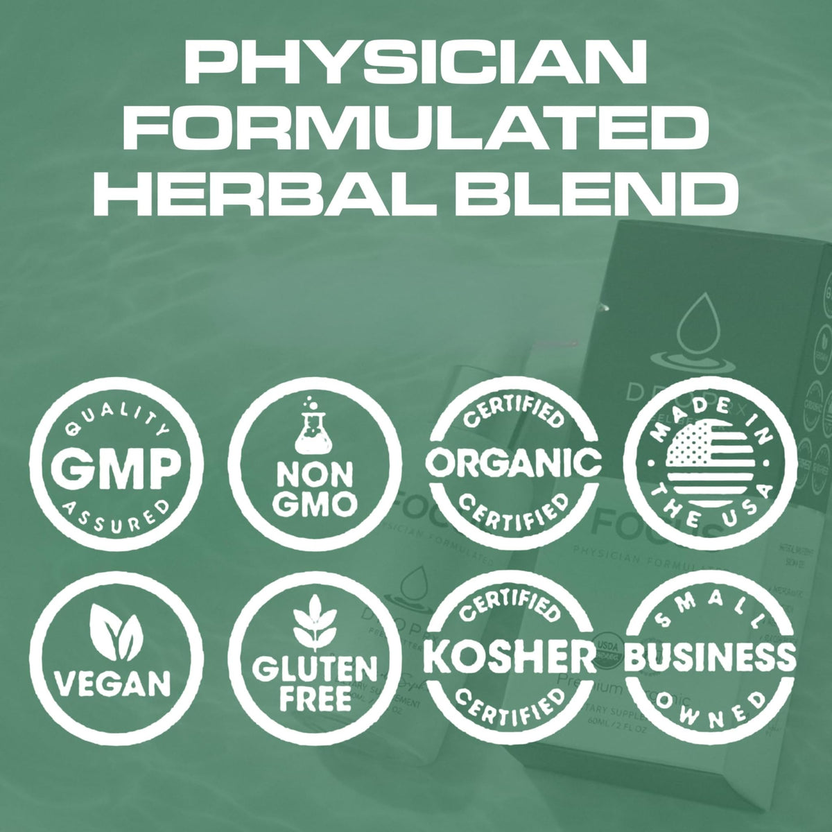 Close up of Drop Rx Focus herbal liquid supplement packaging