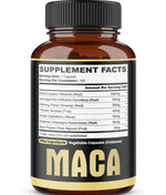 Back label of Agobi maca root capsules with nutritional information