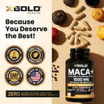 Close up of X Gold Health maca root packaging details