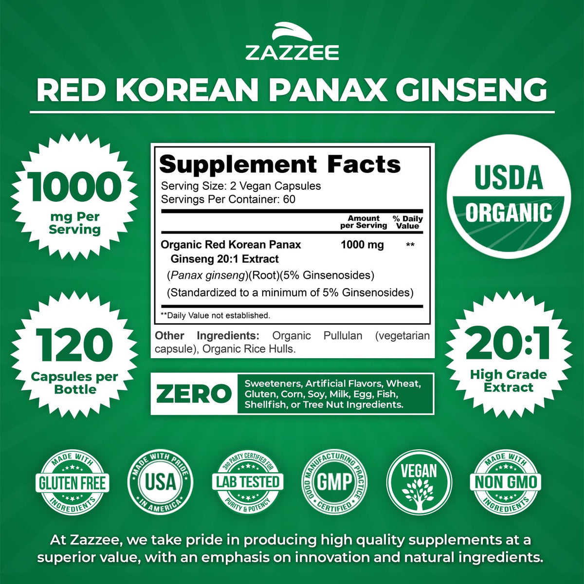 Zazzee ginseng supplement facts and serving information