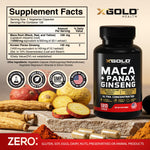 Close up of X Gold Health supplement label showing 10000mg Maca and 1400mg Ginseng