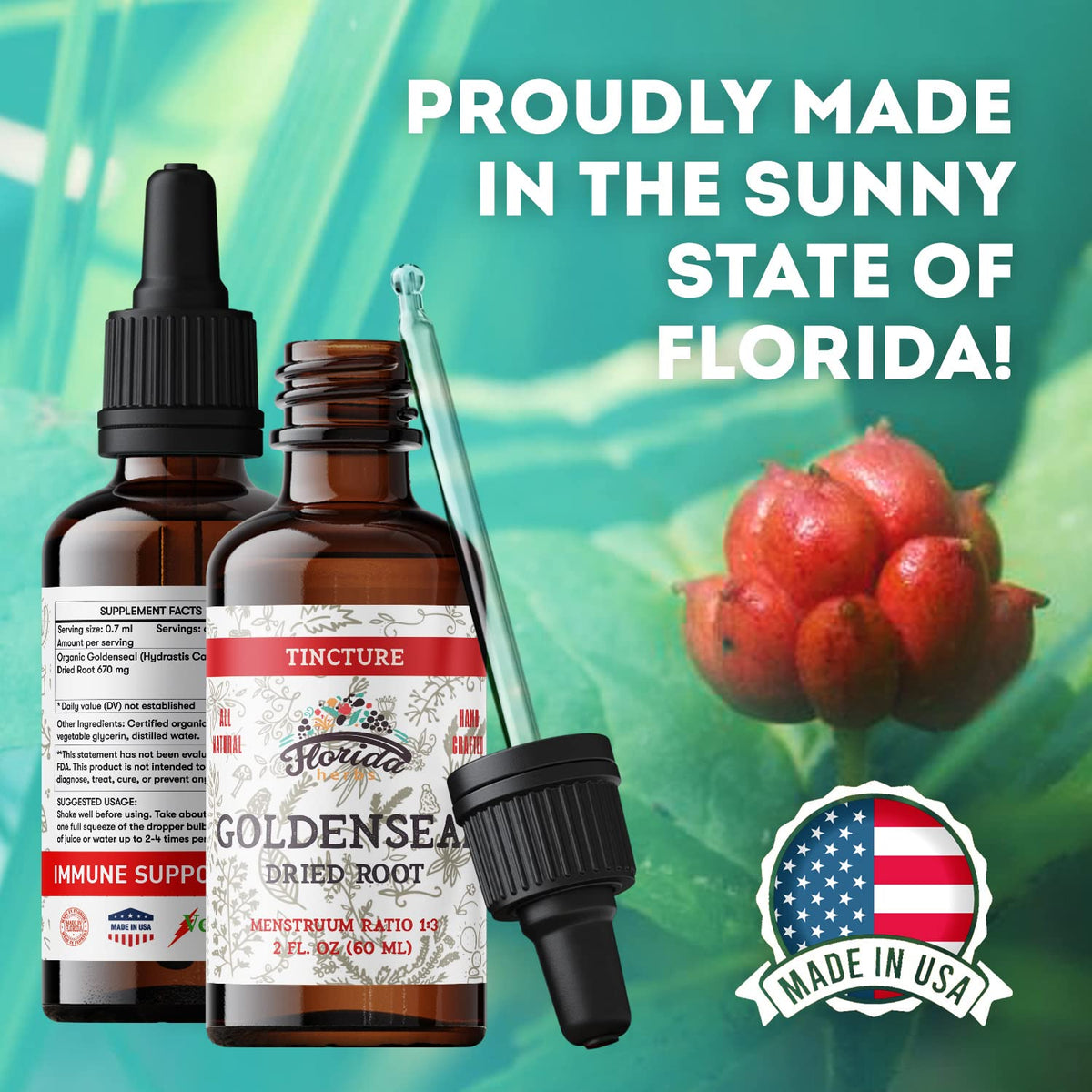 Alcohol free organic goldenseal supplement bottle in protective amber glass packaging.