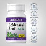 Side view of Lindberg Goldenseal supplement bottle highlighting non-GMO and gluten-free seals
