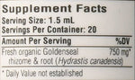 Close up of the herbal ingredients list on the back of the goldenseal fluid extract bottle