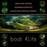 Bodi Goldenseal Root extract bag displayed next to a glass of green wellness smoothie indicating product usage.