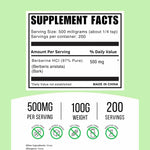 Ninety-seven percent plant based extract berberine supplement unflavored powder nutrition label view.
