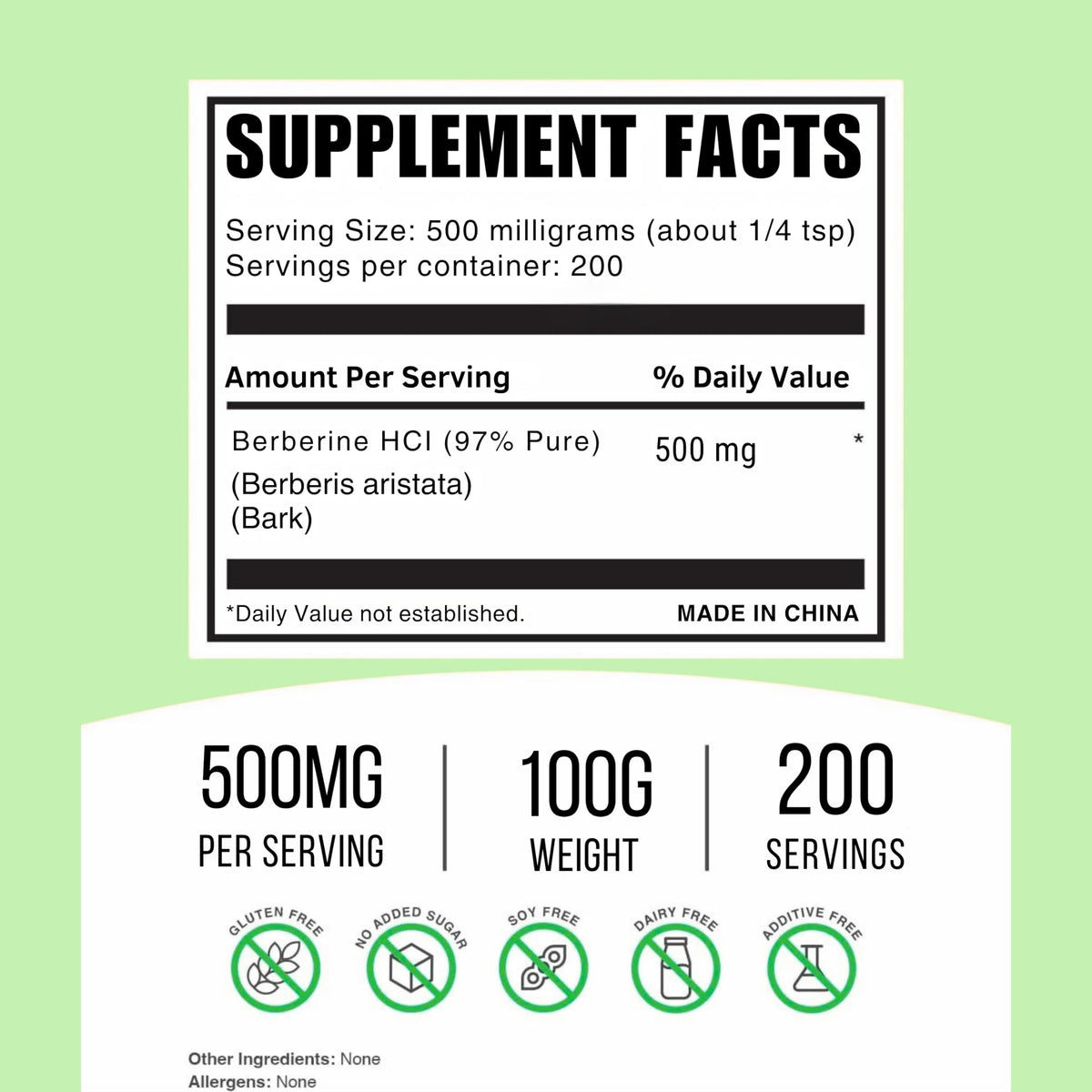 Ninety-seven percent plant based extract berberine supplement unflavored powder nutrition label view.