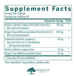 Side angle of Genestra Brands Berberis Formula bottle displaying supplement facts panel and exact extract dosages.