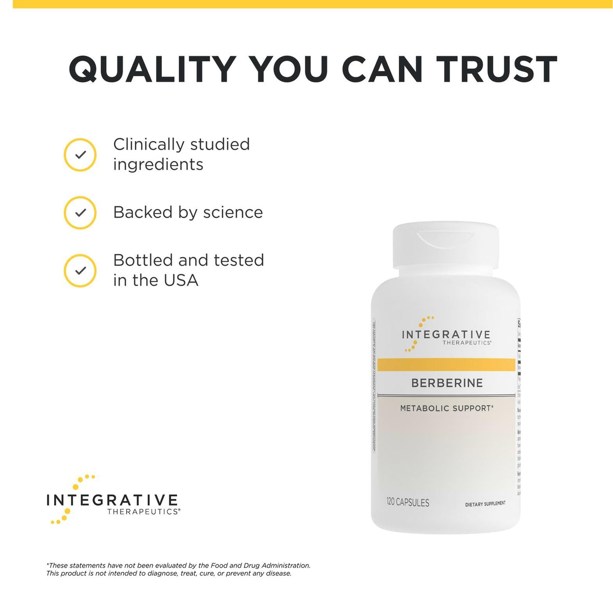 Side view of Integrative Therapeutics Berberine bottle detailing warnings and allergen safety information