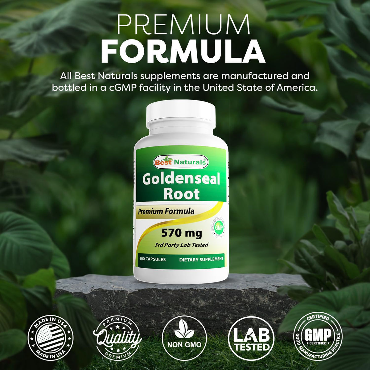 Best Naturals Goldenseal Root herbal supplement packaging displaying quality manufacturing standards