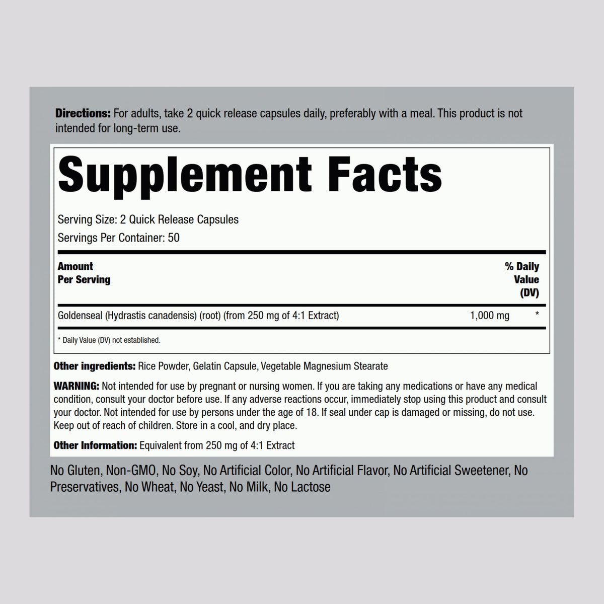 Piping Rock Goldenseal Root supplement facts and ingredient label