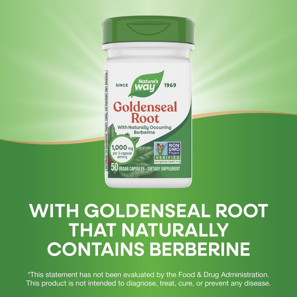 Authentic USA imported Nature's Way Goldenseal Root bottle showcasing the brand trust leaf logo.