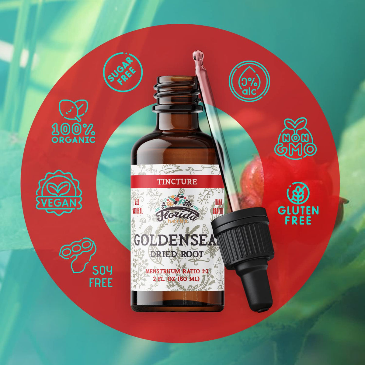 Authentic goldenseal root fluid extract sixty milliliters bottle packaging details