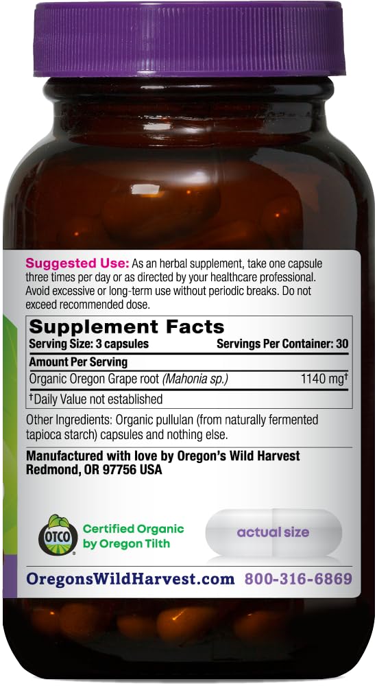 Organic Oregon grape root capsules for digestive support back view