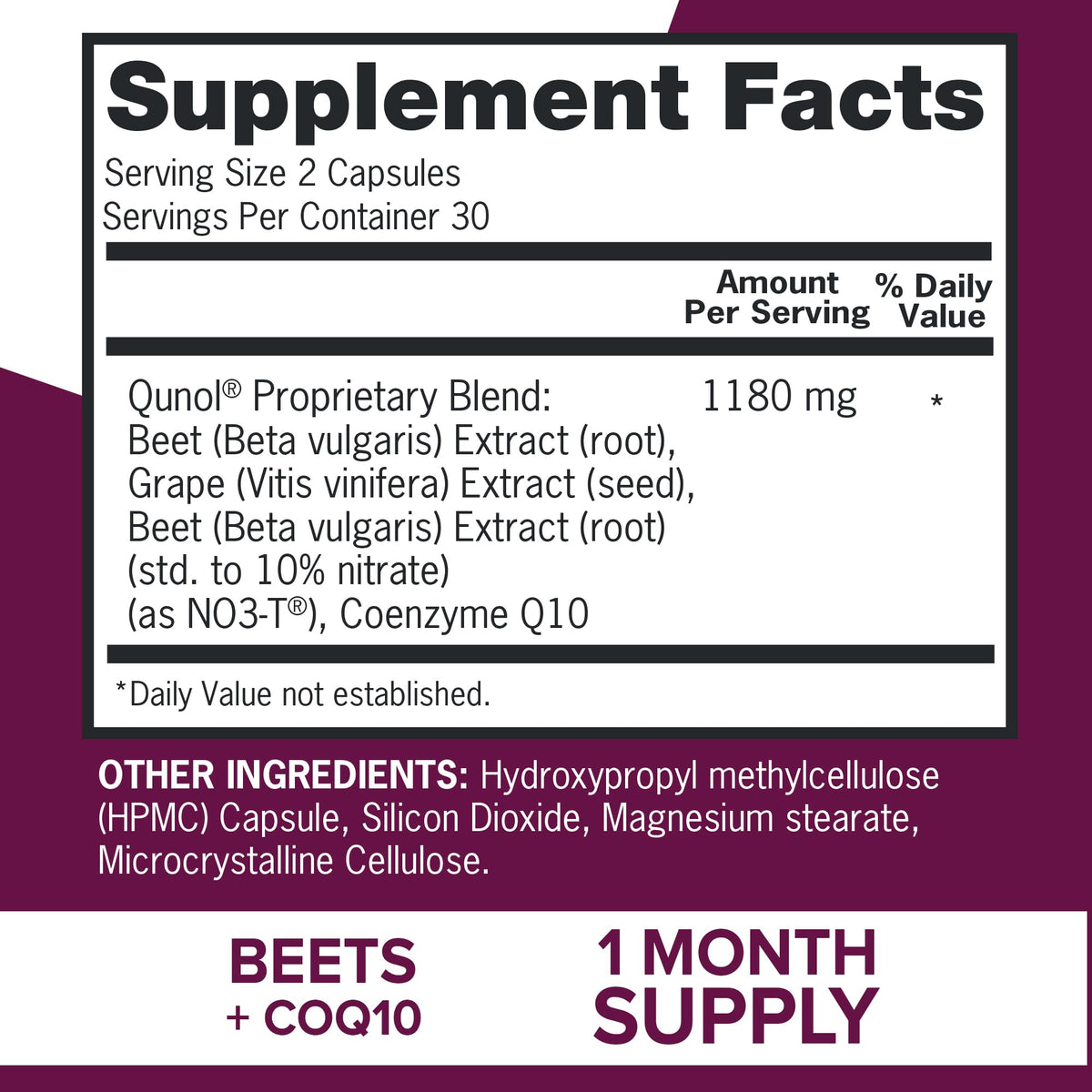 Qunol Blood Pressure Support supplement facts panel