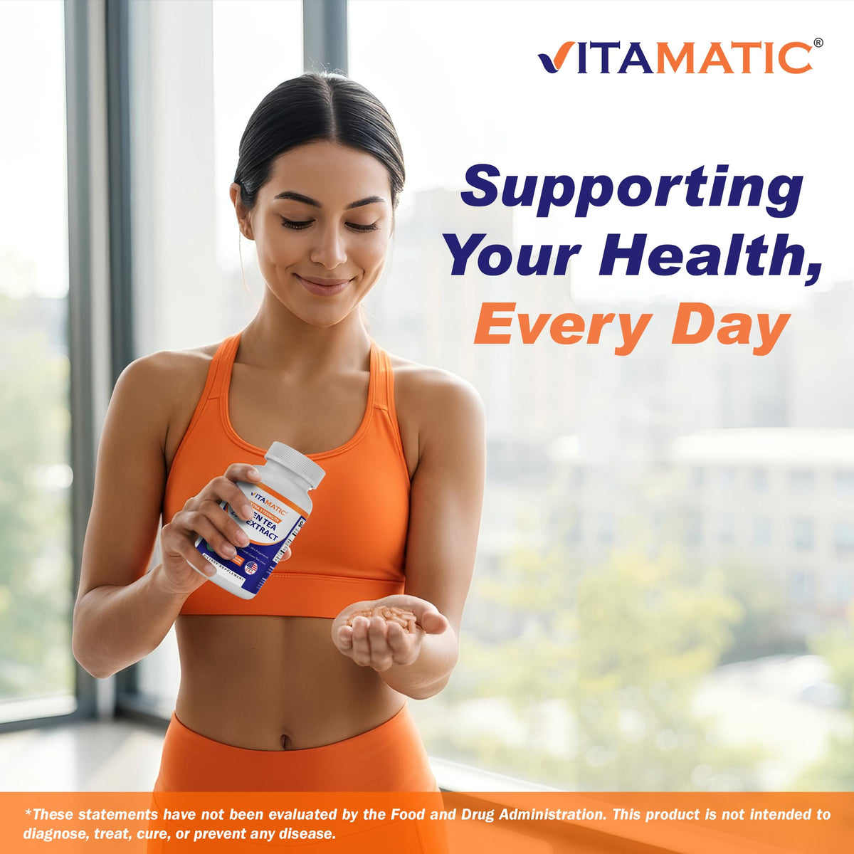 Close up of Vitamatic Green Tea Extract supplement cap and bottle top