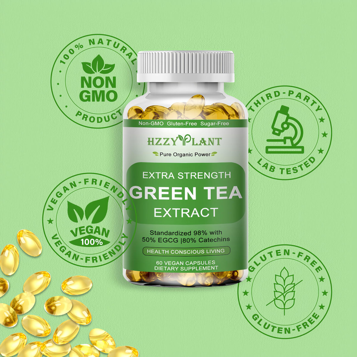 Hzzyplant green tea extract bottle with wellness context