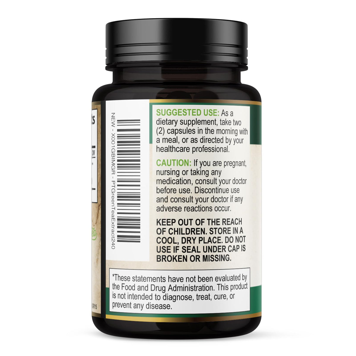 SilverOnyx Green Tea Extract nutritional information panel