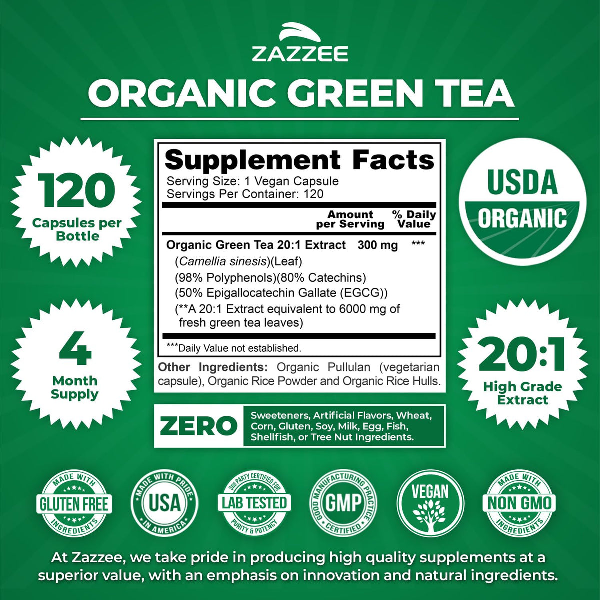 Zazzee USDA Organic green tea extract capsules side view
