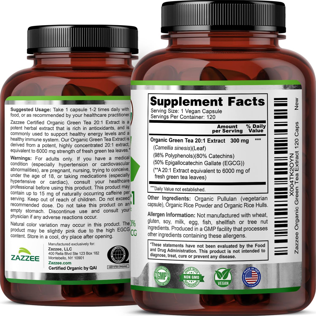 Zazzee organic green tea extract bottle with cap closed