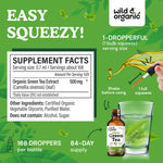 Detailed view of Wild and Organic green tea supplement dropper