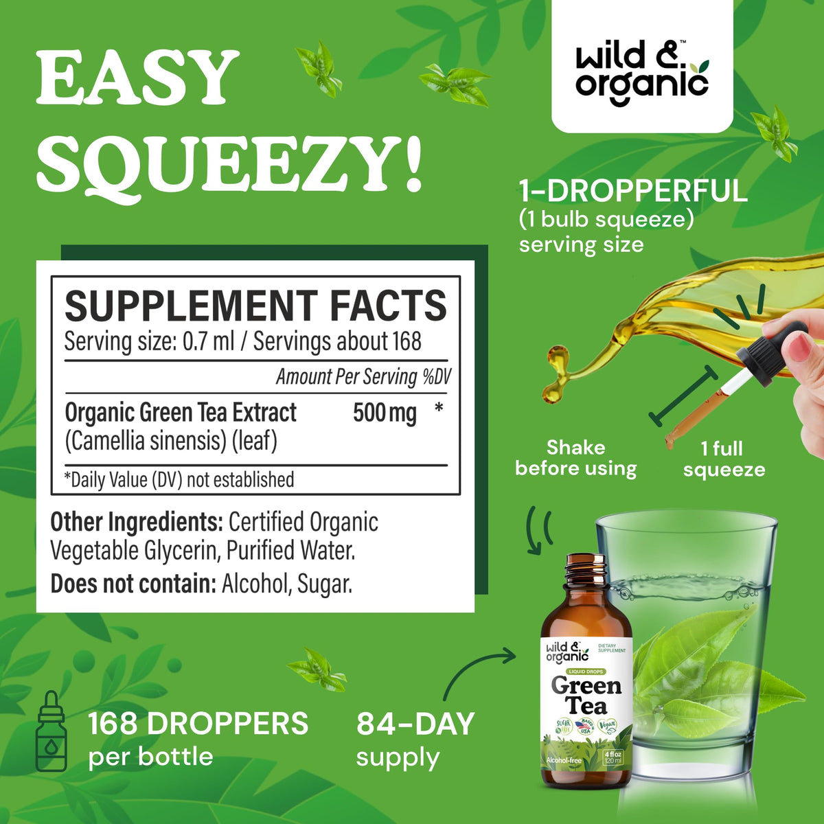 Detailed view of Wild and Organic green tea supplement dropper