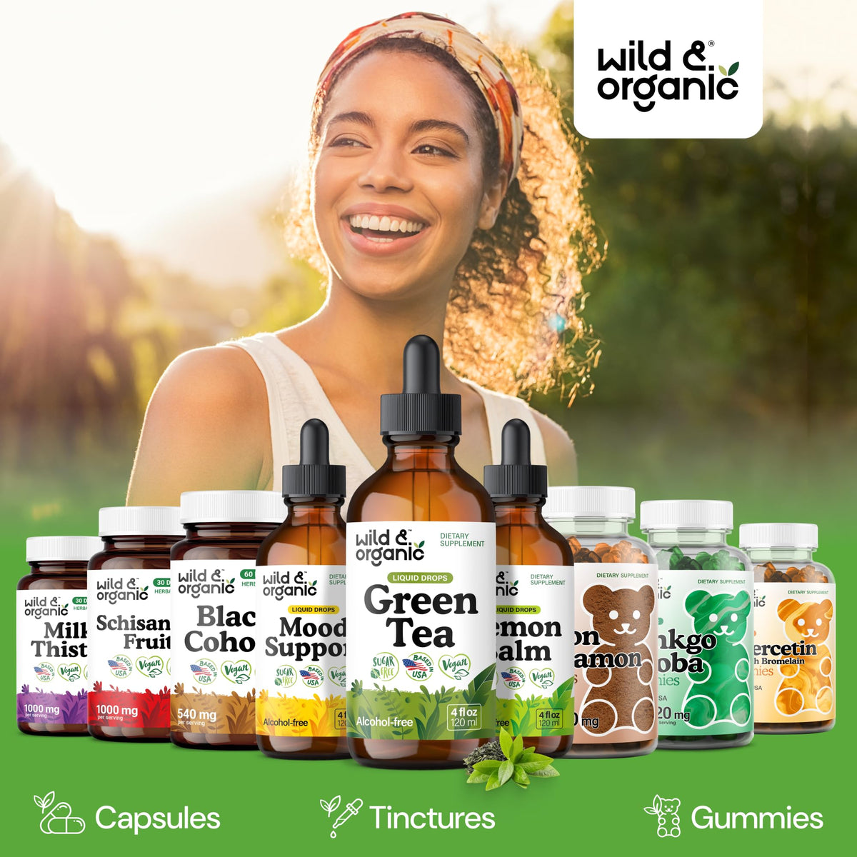 Wild and Organic green tea liquid drops packaging box