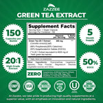 Zazzee green tea extract label detailing 50 percent EGCG