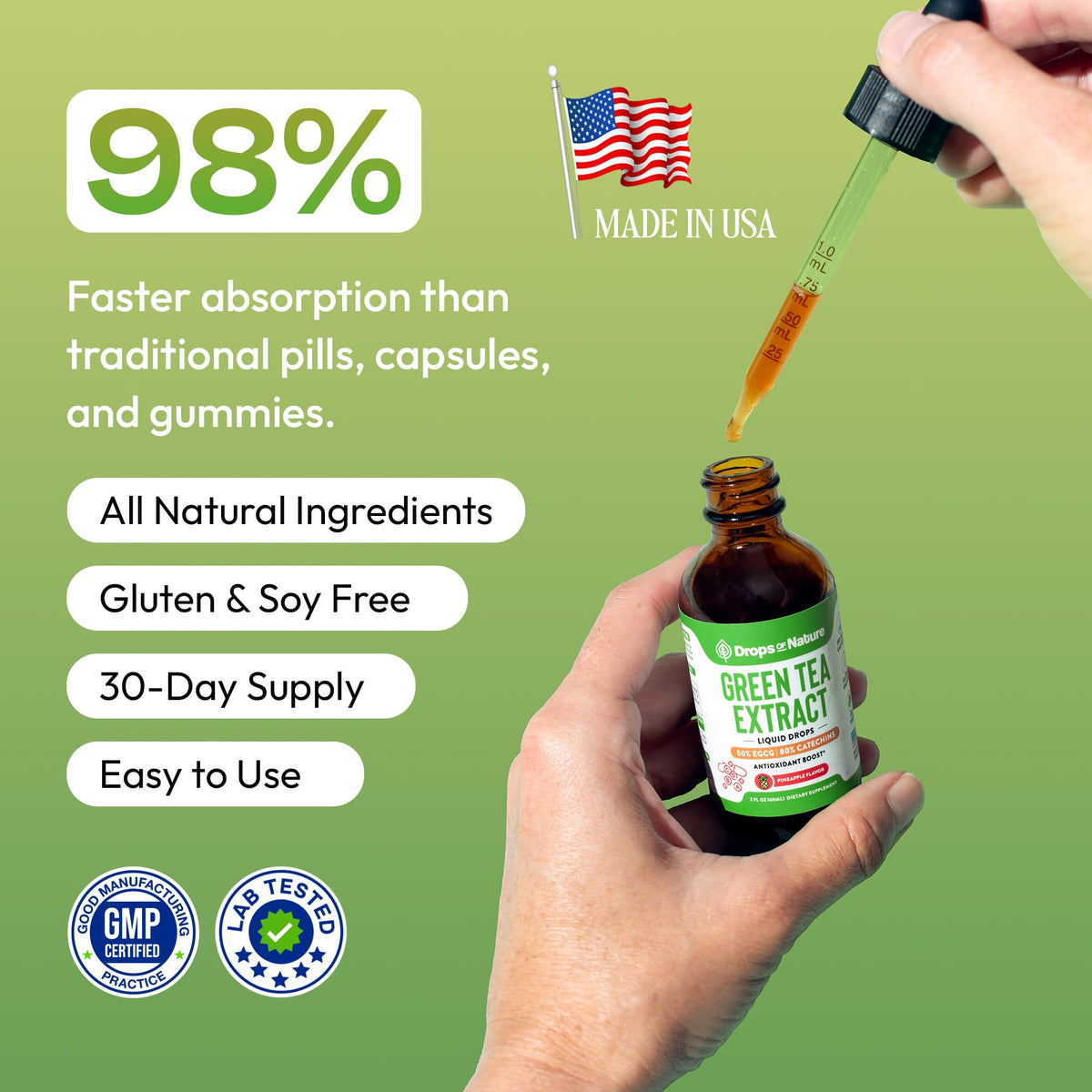 Liquid green tea antioxidant supplement dropper application