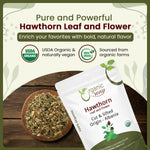 Back label of Organic Way Hawthorn Leaf and Flower showing product origin from Albania