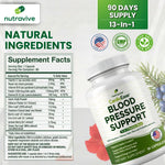 Premium heart health formula with hibiscus and olive leaf ingredients list display.