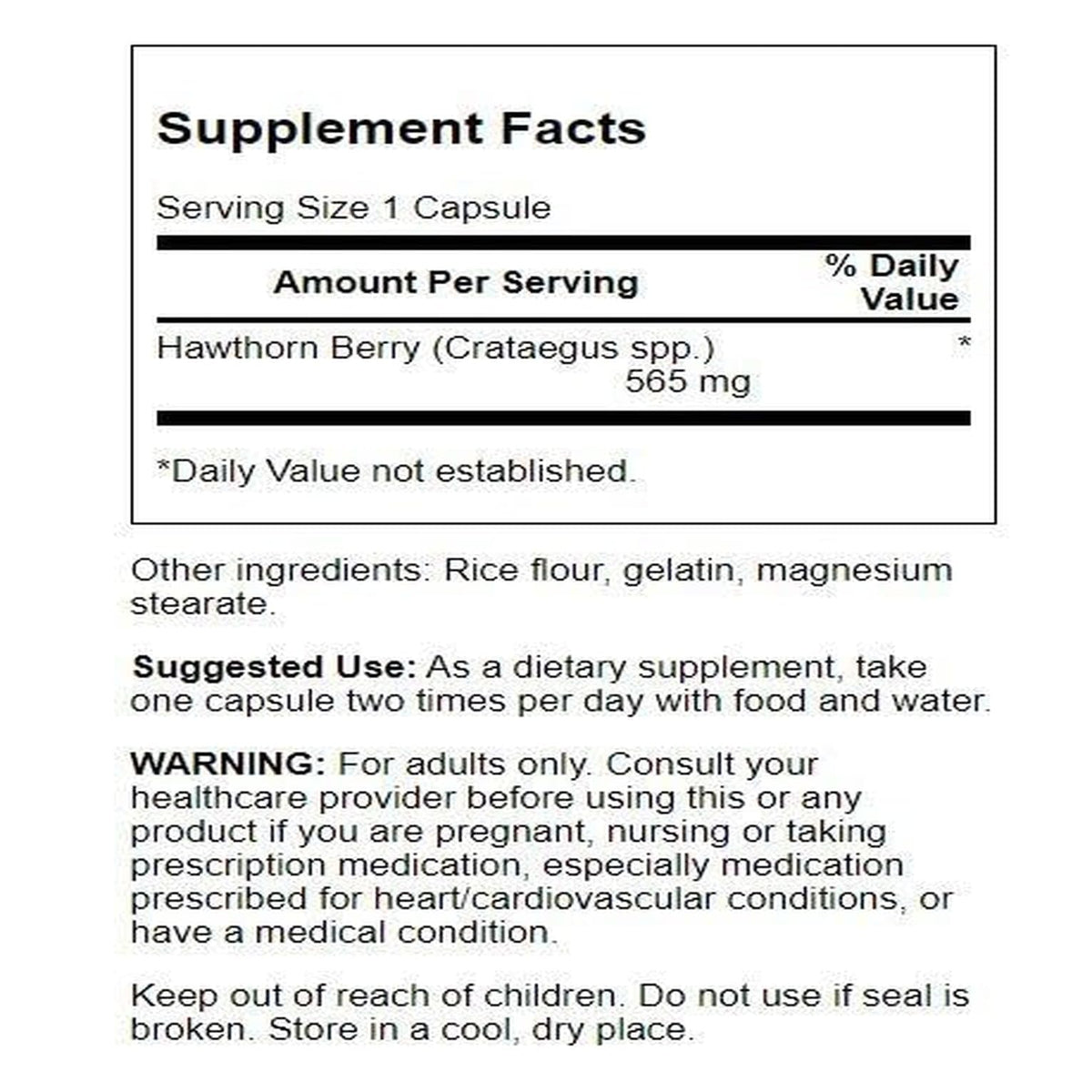 Supplement bottle label showing 565 Milligrams of hawthorn berry extract details.