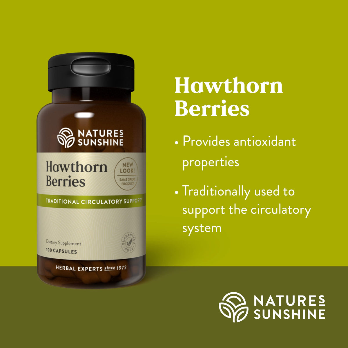 Nature's Sunshine Hawthorn Berries side view displaying ingredients and usage directions