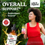 Side angle of Wild & Organic alcohol-free hawthorn berry liquid drops displaying supplement facts and nutritional info.