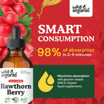 Wild & Organic Hawthorn Berry sugar-free tincture bottle highlighting the clean, vegetable glycerin-based liquid formulation.