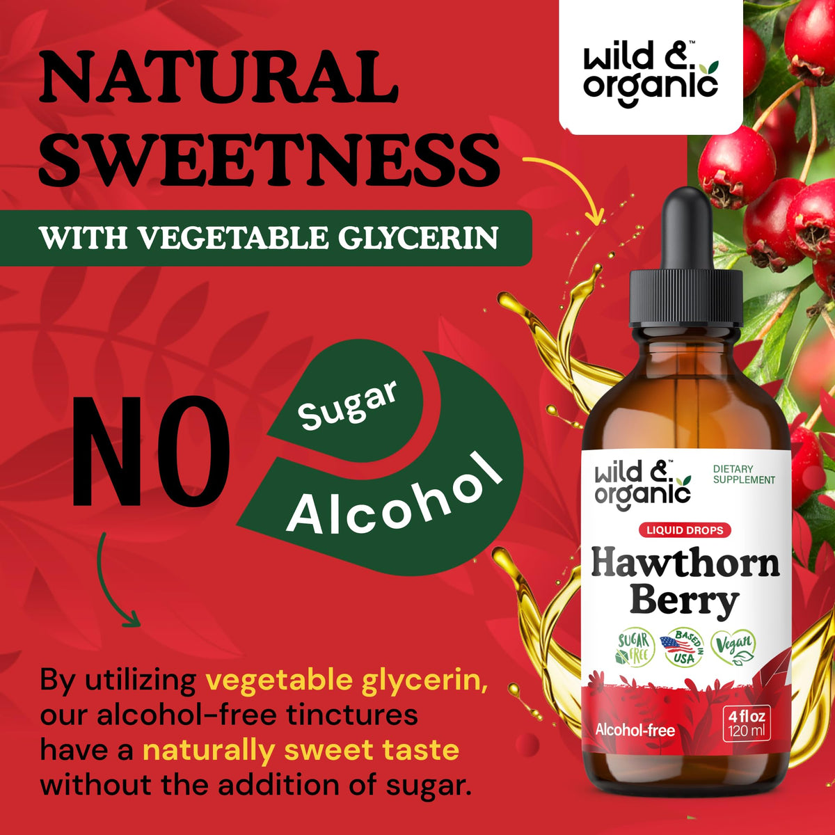 Packaging layout of the 120 mL imported USA hawthorn berry dietary supplement by Wild & Organic.