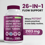 PrimeMD Nitric Oxide Booster Supplement bottle showing nutritional facts and 26-in-1 formula ingredients.