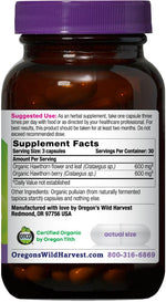 Supplement facts label on Oregon's Wild Harvest organic hawthorn herbal support bottle