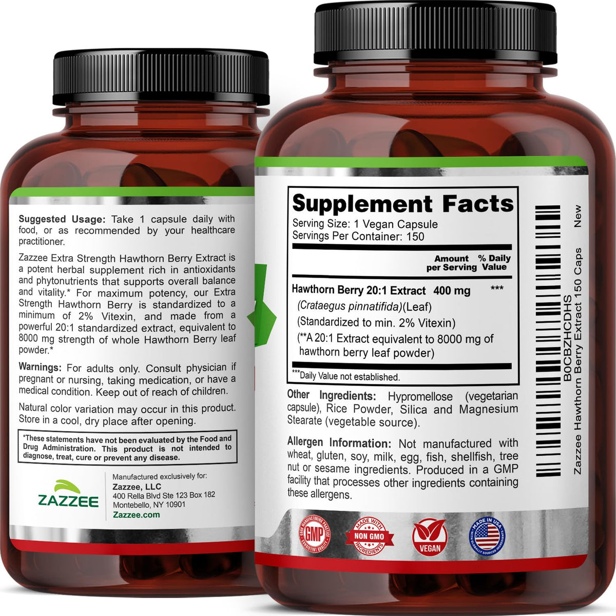 Zazzee Naturals cardiovascular support supplement bottle showing laboratory tested and cGMP compliant manufacturing details.