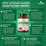 Full packaging shot of Zazzee Extra Strength Hawthorn Berry capsules highlighting the highly concentrated 20 to 1 extract formula.