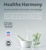 Detail shot of the manufacturing certification details and pure ingredients list on a Healths Harmony dietary supplement bottle.