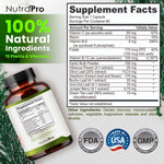 Side angle of NutraPro imported heart health capsules bottle detailing the nutritional supplement facts panel