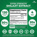 Zazzee extra strength shilajit twenty to one extract capsule bottle showing supplement facts and ingredients