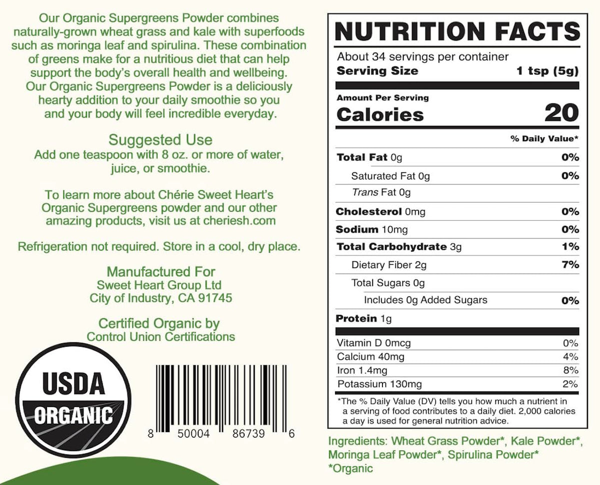 Chérie Sweet Heart organic green superfood powder packaging showing ingredients list