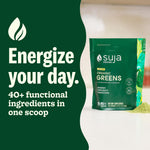 Suja organic green superfood supplement bag displaying immune support and energy benefits.