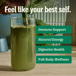 Nutritional facts and organic ingredients label on the back of Suja greens powder pouch.