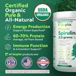 Biophix non irradiated organic spirulina green antioxidant powder texture close up