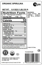 Organic spirulina powder bag displaying USDA organic and gluten free certification labels.